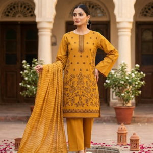 Printed Dhanak 3Piece embroided Dress